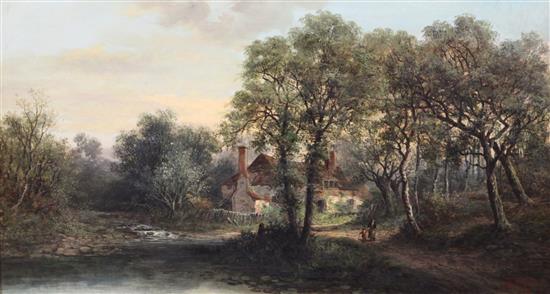 William R. Stone , oil,  Figures beside a river in wooded landscape(-)